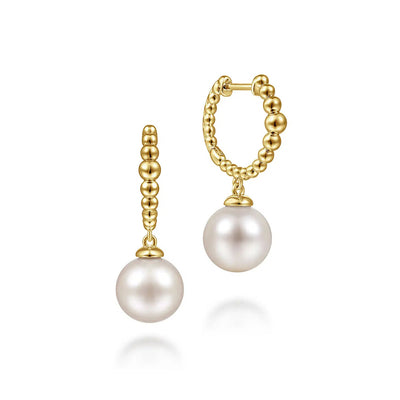 14K Yellow Gold Bujukan Pearls Drop Huggie Earrings