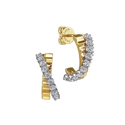 14K White Yellow Gold Diamond J Hoop Stud Earrings With Diamond Cut Texture