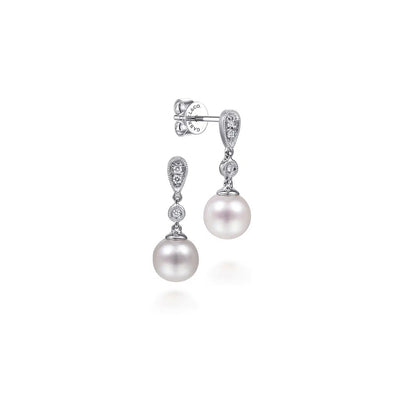 14K White Gold Vintage Inspired Style Diamond Pearl Drop Earrings