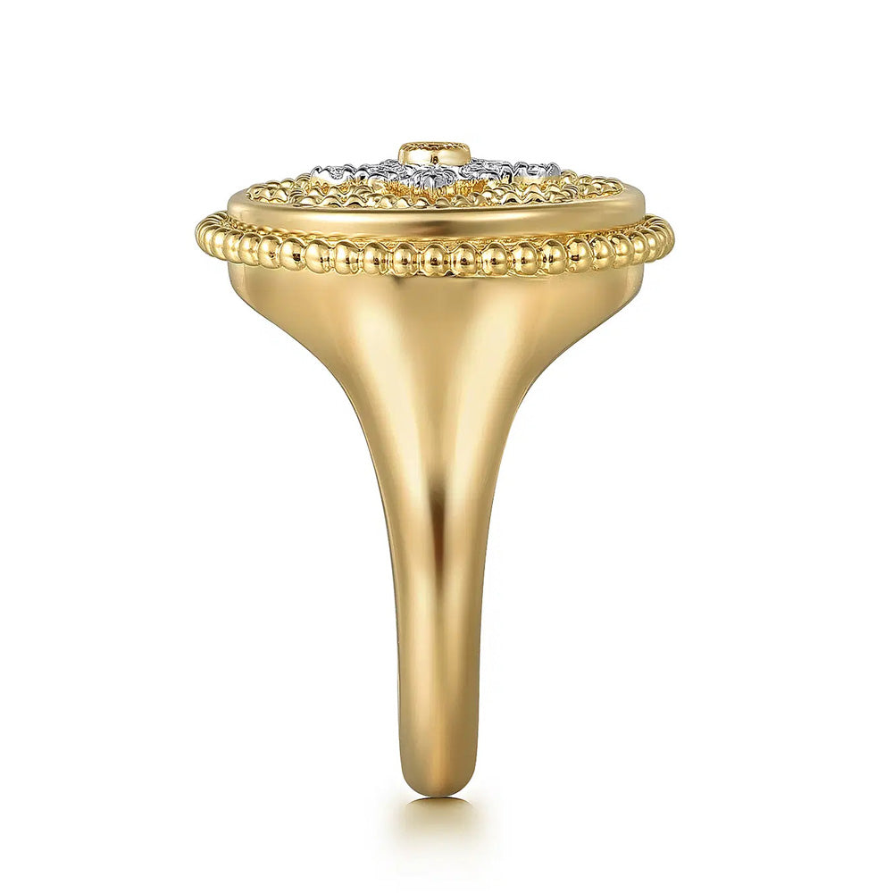 14K Yellow Gold Diamonds and White Mother of Pearl Bujukan Signet Ring