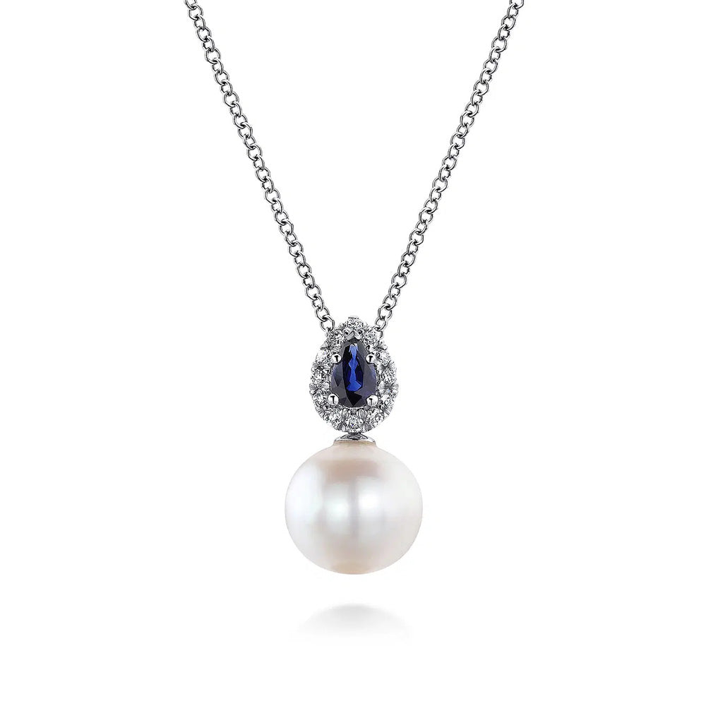 14K White Gold Pear Shaped Sapphire and Diamond Halo Pendant Necklace with Pearl