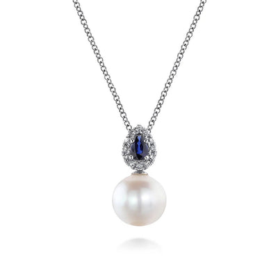 14K White Gold Pear Shaped Sapphire and Diamond Halo Pendant Necklace with Pearl