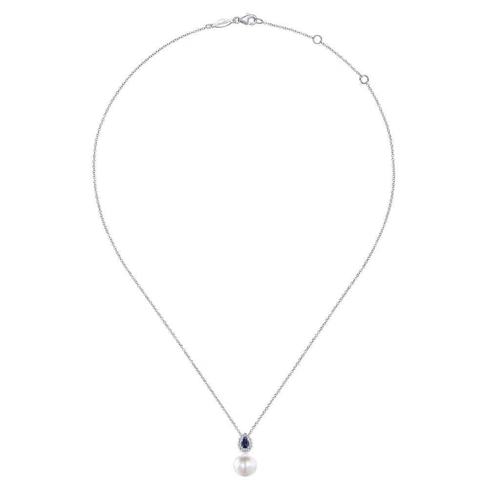 14K White Gold Pear Shaped Sapphire and Diamond Halo Pendant Necklace with Pearl