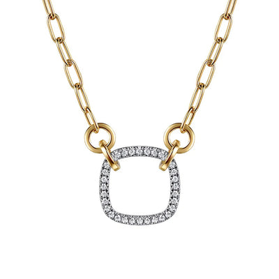 14K White Yellow Gold Open Cushion Shape Diamond Hollow Paperclip Chain Necklace