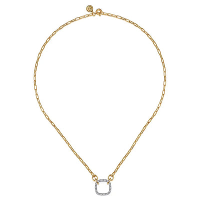 14K White Yellow Gold Open Cushion Shape Diamond Hollow Paperclip Chain Necklace