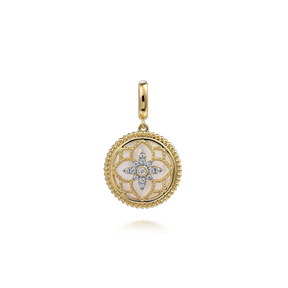 14K Yellow Gold Bujukan Diamond and Mother of Pearl Medallion Pendant in size 18mm