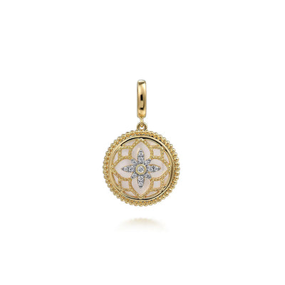 14K Yellow Gold Bujukan Diamond and Mother of Pearl Medallion Pendant in size 18mm