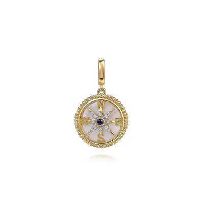 14K Yellow Gold 18mm Bujukan Diamond Starburst Mother of Pearl Medallion Pendant