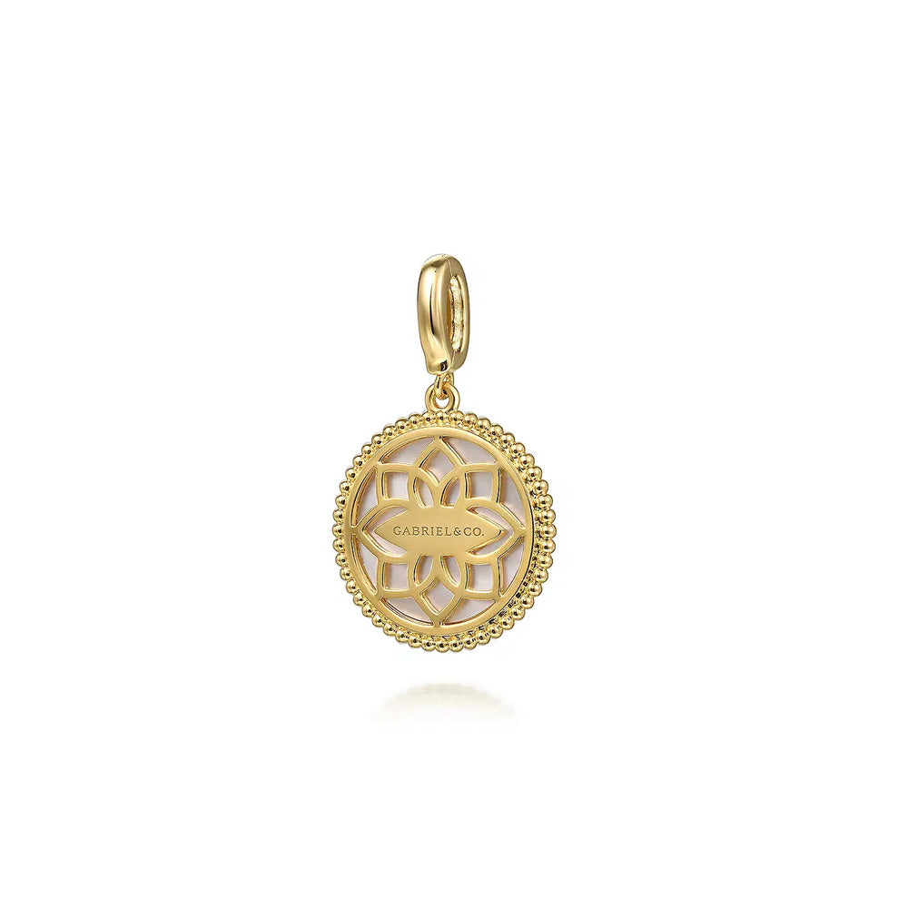 14K Yellow Gold 18mm Bujukan Diamond Starburst Mother of Pearl Medallion Pendant