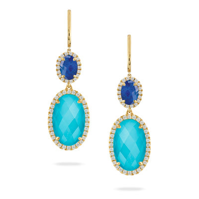 St. Barths - 18k Yellow Gold Diamond Earring With Clear Quartz Over Lapis Top And With Clear Quartz Over Turquoise Bottom
