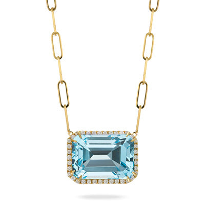 Sky Blue - 18k Yellow Gold Diamond Necklace With Sky Blue Topaz On Paper Clip Chain