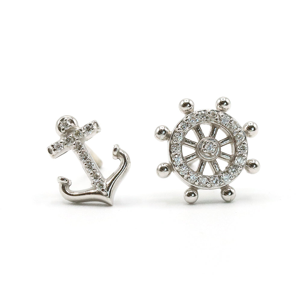14K White Gold Anchor & Ship Wheel Diamond Earrings