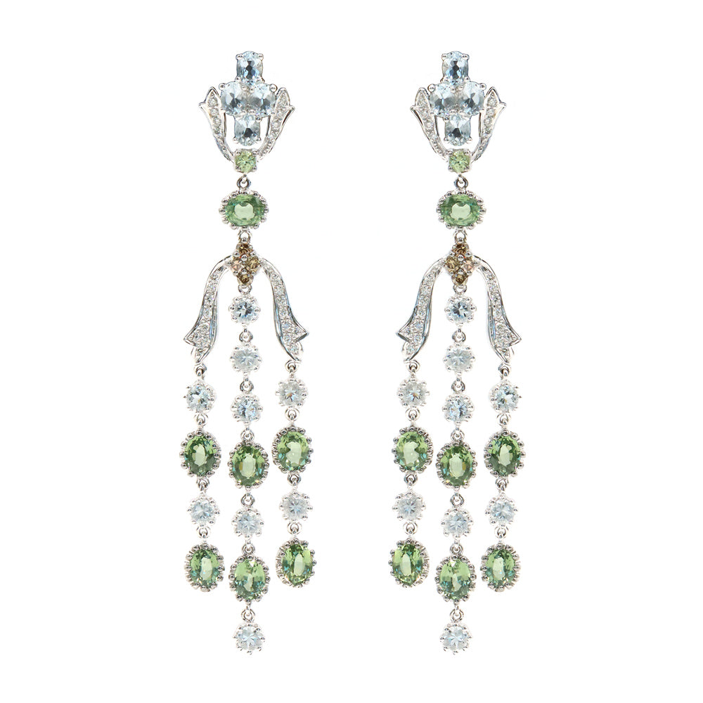 18K White Gold Diamond Green Tourmaline Aquamarine Chandelier Earrings