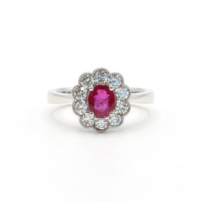 18K White Gold Ruby Diamond Halo Ring
