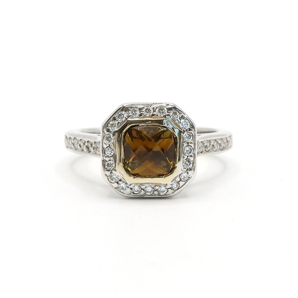 14K White Gold Bronze Tourmaline Diamond Halo Ring