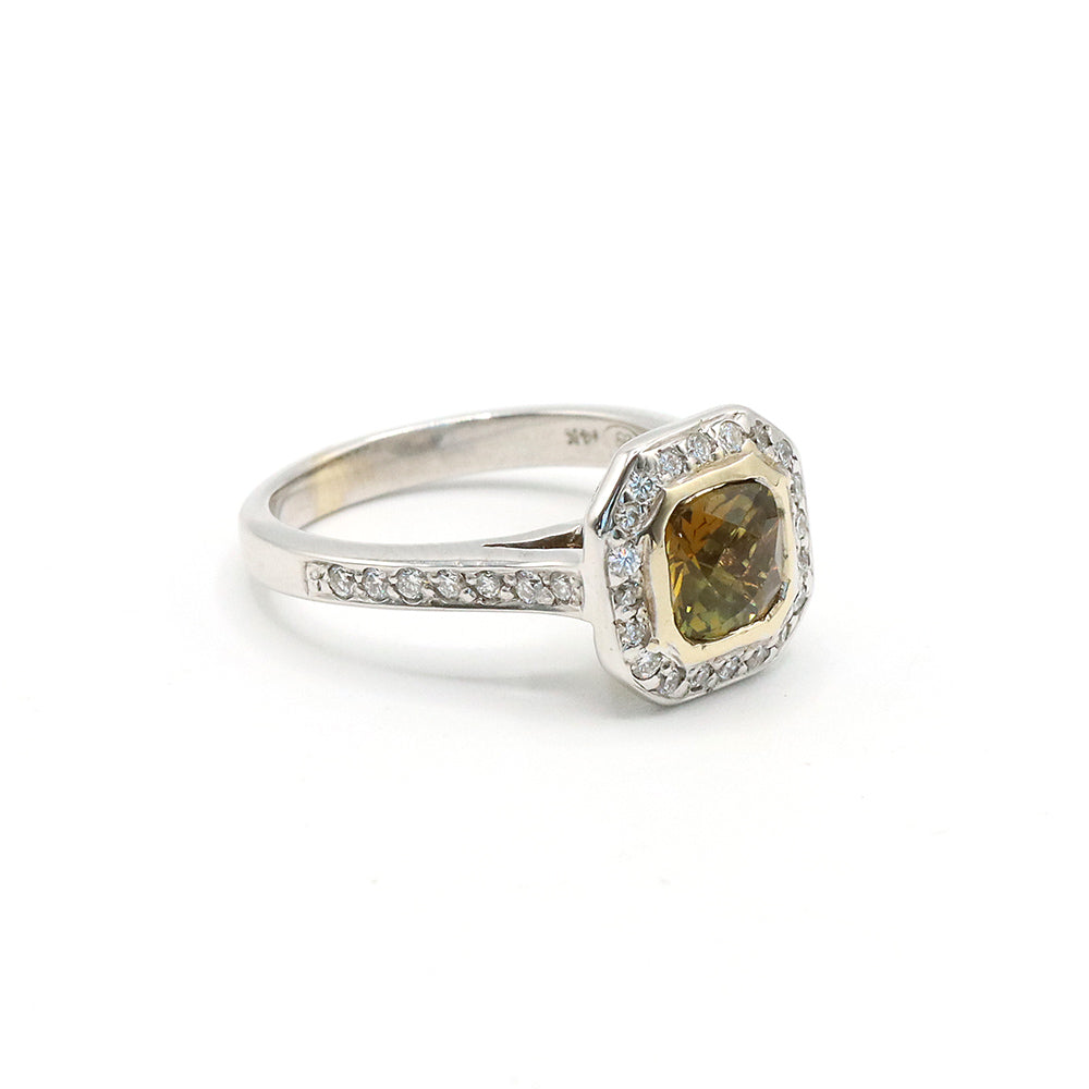 14K White Gold Bronze Tourmaline Diamond Halo Ring