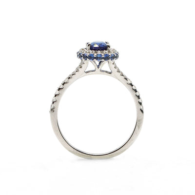 18K White Gold Oval Sapphire Diamond Halo Ring